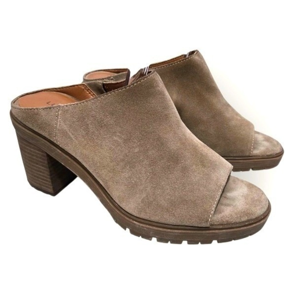 Lucky Brand Dalley Taupe Leather Peep-Toe Mules – Women's 7M